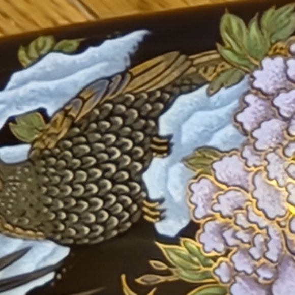 DARK BLUE & GOLD JAPANESE VASE-PEACOCKS & PINK FLOWERS-9 1/2" TALL - Picture 10 of 16